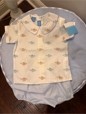 Baby Pumpkin Print Short Set - White & Light Blue